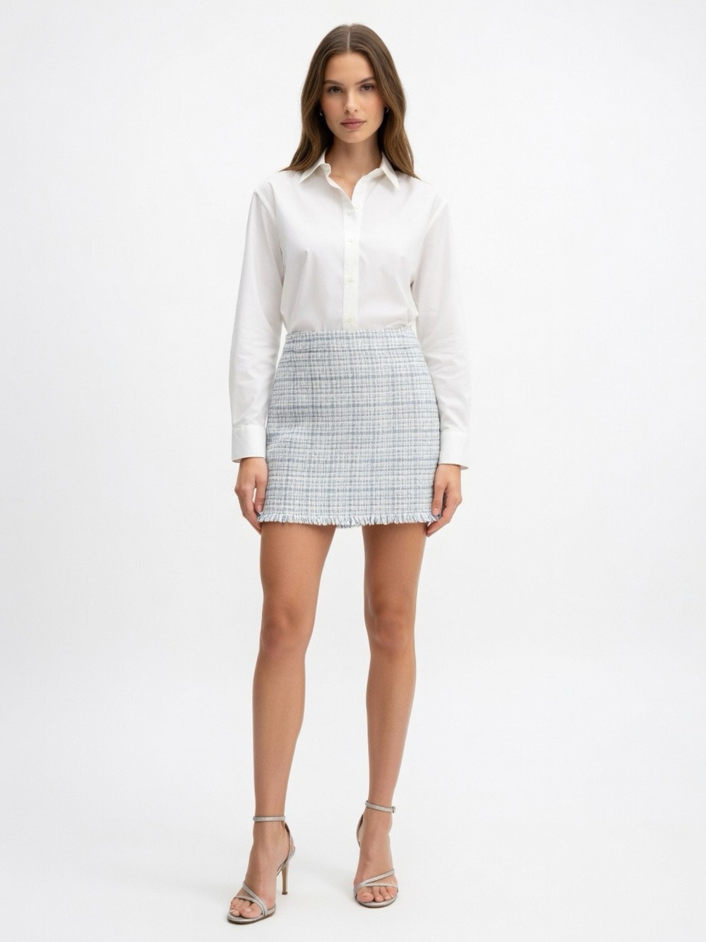 Madison d’Amelie Paris Blue Grey Tweed & Gold Exposed Zipper Skirt